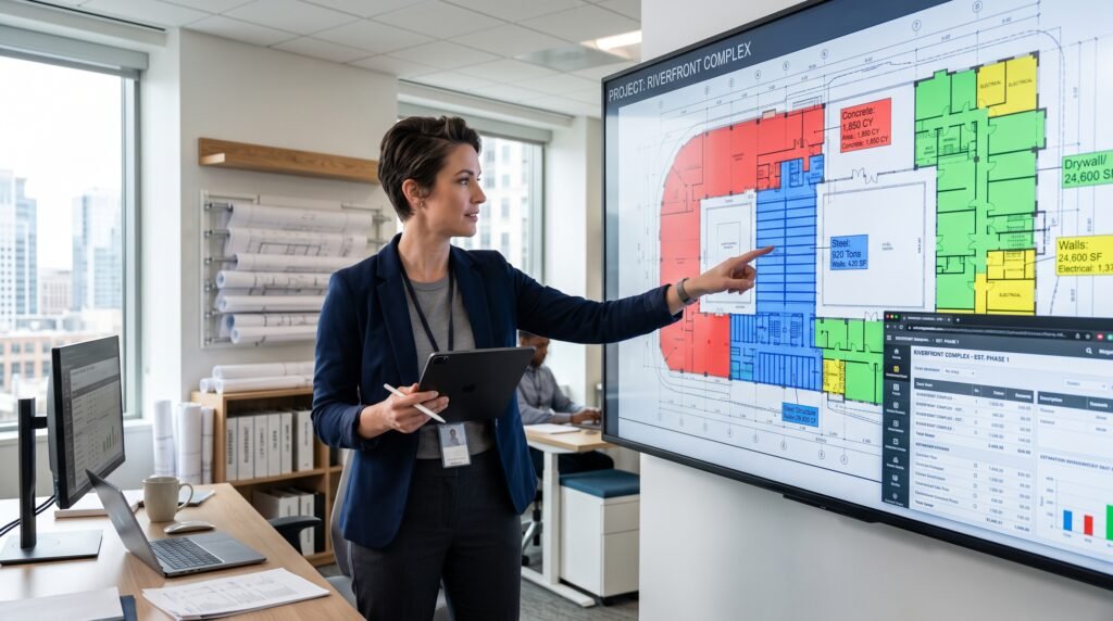 Construction estimator reviewing digital takeoff plans to reduce estimating time