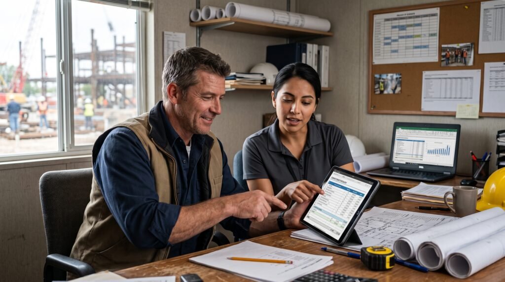 General contractor and estimator reviewing an accurate construction bid at a job site