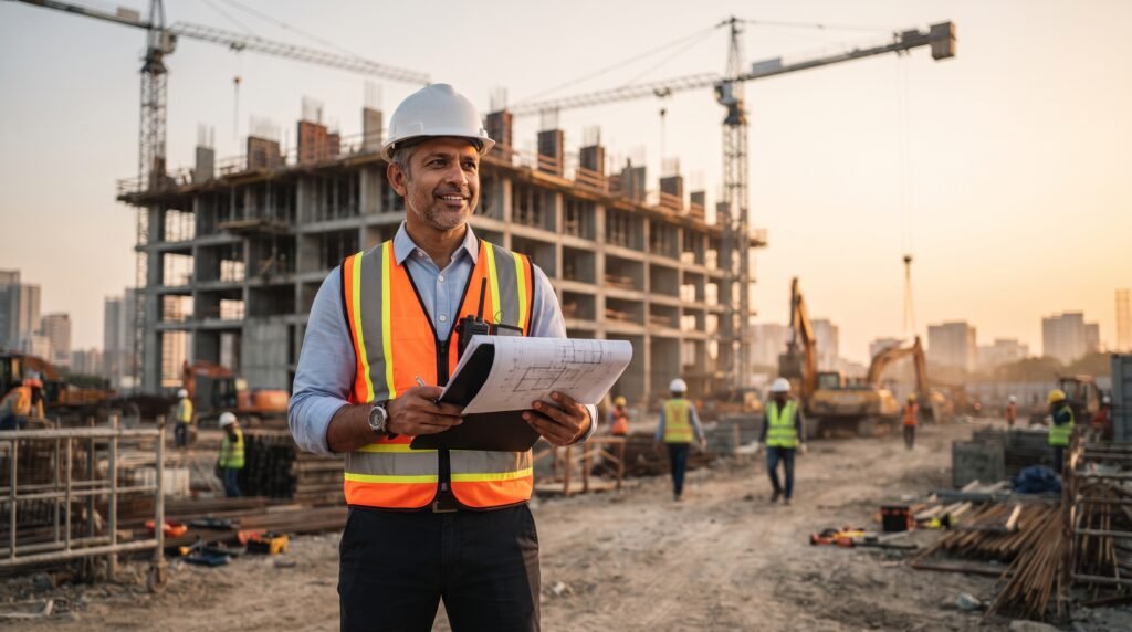 Construction estimator on-site reviewing blueprints for a project bid