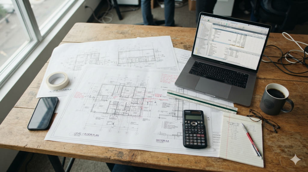 Construction blueprints and cost estimating software on an office desk