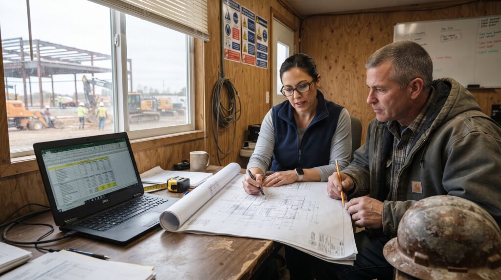 Construction estimating consultant reviewing project plans with a contractor