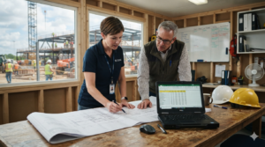 Construction estimator and project manager reviewing budget estimating documents and cost data on-site.