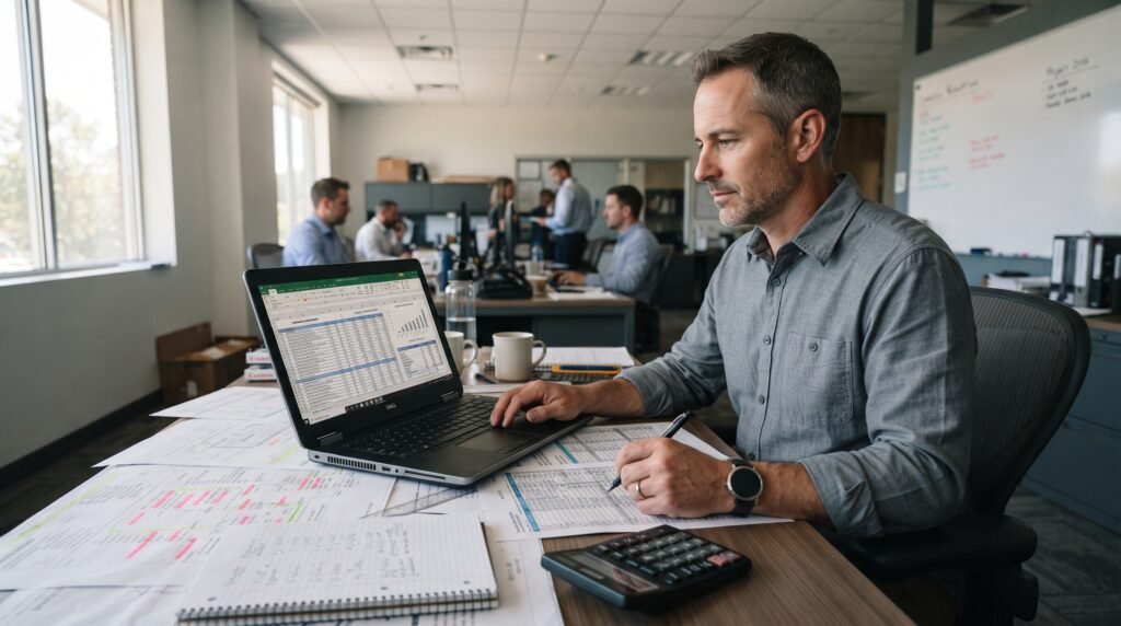 Construction estimator calculating project pricing and cost breakdowns