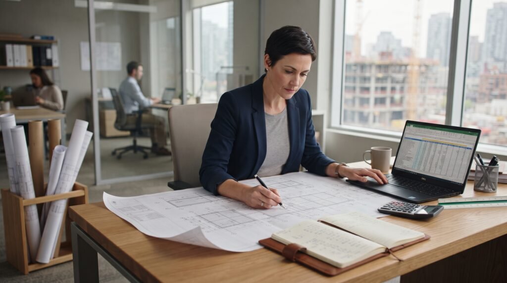 Dedicated cost estimator reviewing construction blueprints and pricing on a laptop