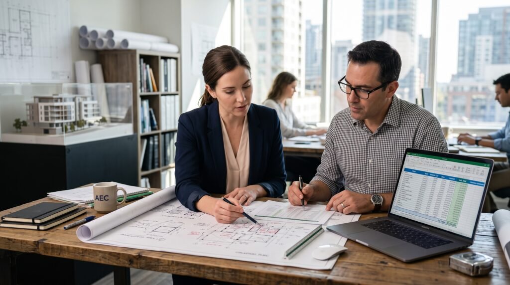 Estimator and architect reviewing preliminary construction cost estimates alongside early building plans