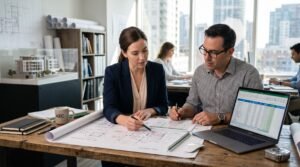 Estimator and architect reviewing preliminary construction cost estimates alongside early building plans