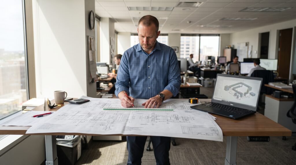 Estimator reviewing mechanical drawings for duct takeoff services