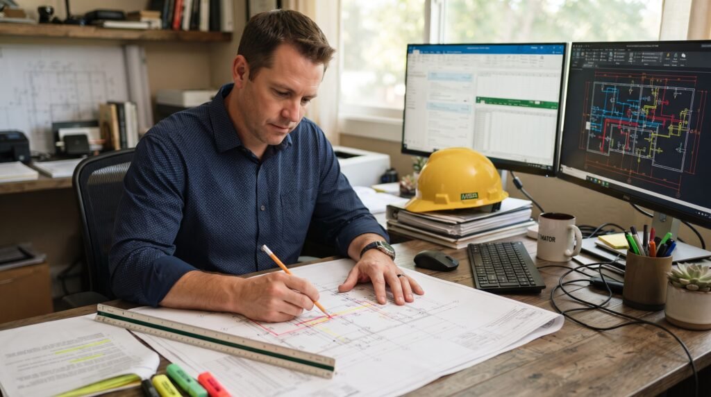 Estimator reviewing electrical plans for an accurate takeoff at a desk