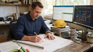 Estimator reviewing electrical plans for an accurate takeoff at a desk