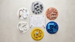 Rough-in plumbing pipes in an open wall beside rolled blueprints on a construction